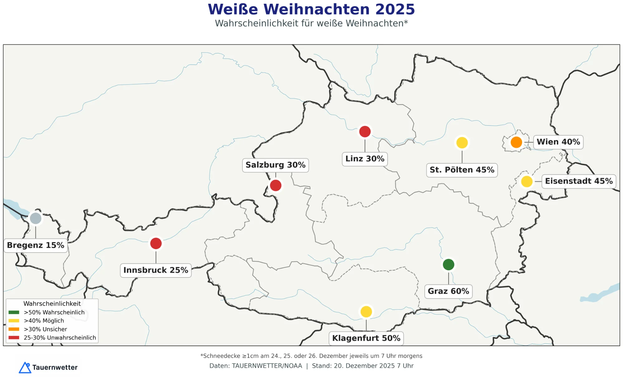 Wahrscheinlichkeit für weiße Weihnachten in Österreich (Update 20.12.)