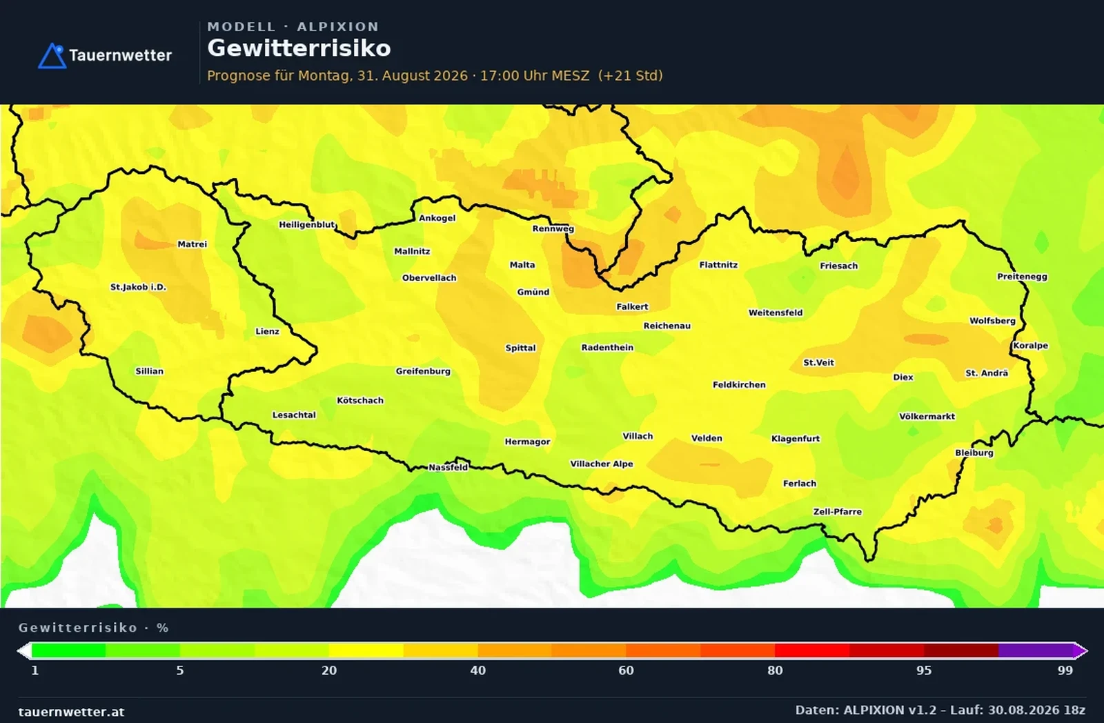Das vom ALPIXION-Modell berechnete Gewitterrisiko in Kärnten und Osttirol am Montag, dem 31. August 2026, um 17 Uhr.