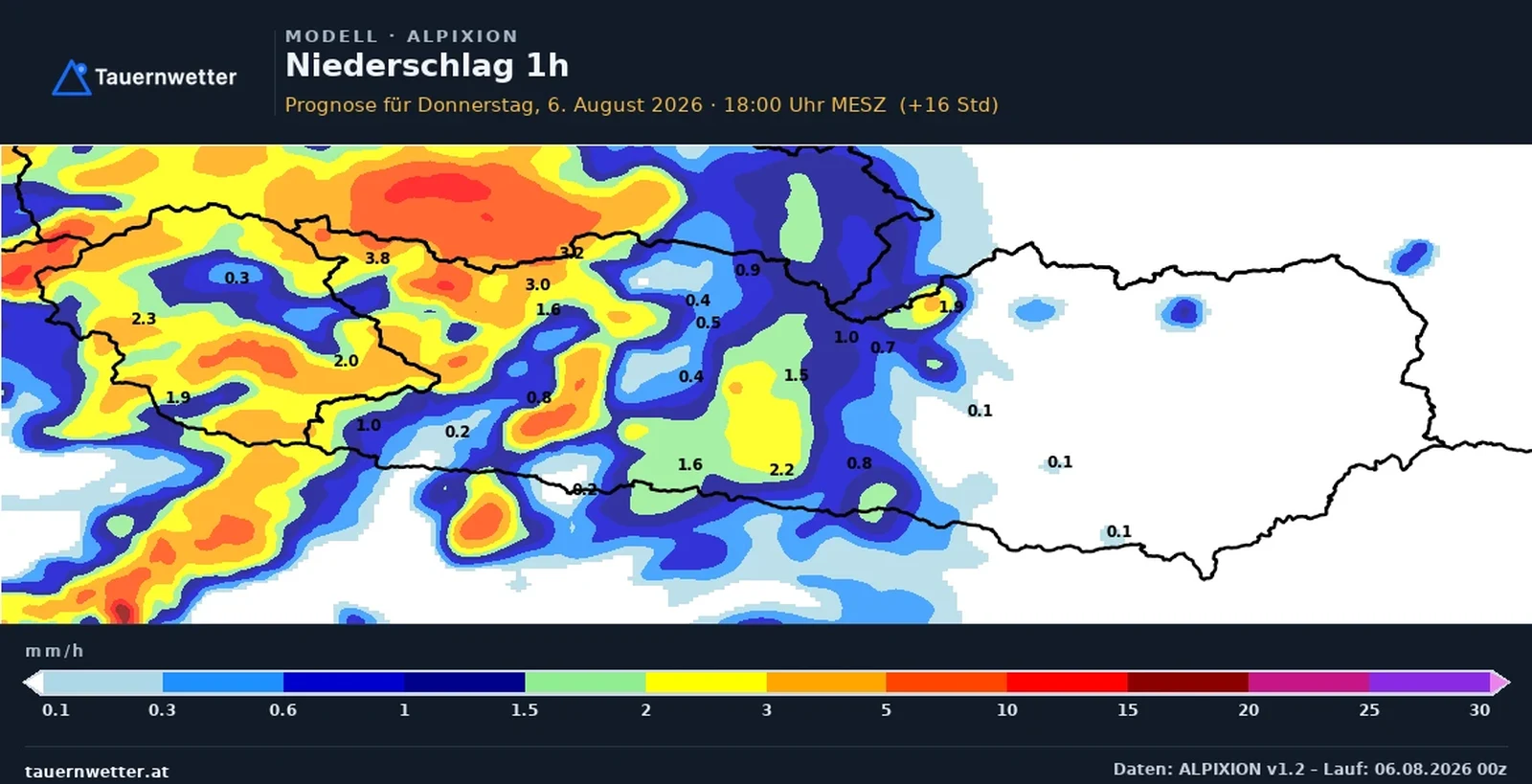 Der vom ALPIXION-Modell berechnete Niederschlag in Kärnten und Osttirol am Donnerstag, dem 6. August 2026, um 18 Uhr.