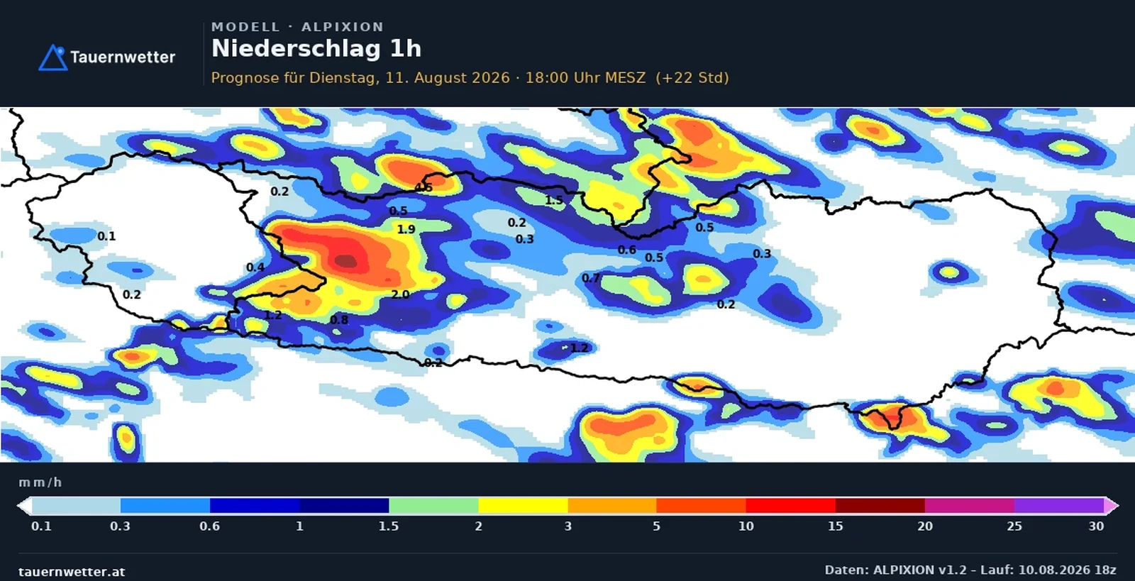 Der vom ALPIXION-Modell berechnete Niederschlag in Kärnten und Osttirol am Dienstag, dem 11. August 2026, um 18 Uhr.