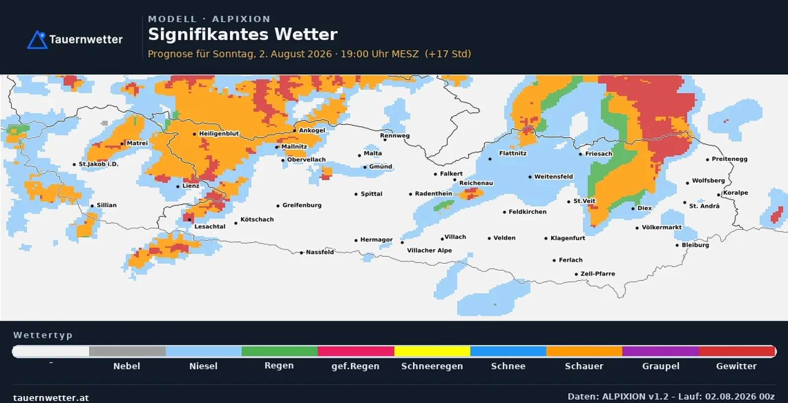 Das vom ALPIXION-Modell berechnete signifikante Wetter in Kärnten und Osttirol am Sonntag, dem 2. August 2026, um 19 Uhr.