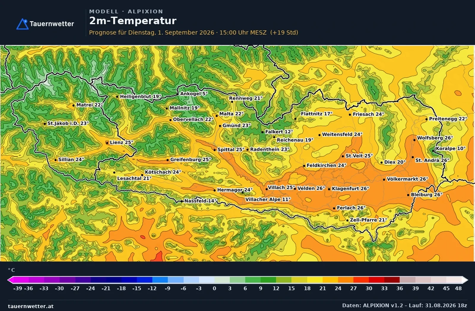 Die vom ALPIXION-Modell berechneten Temperaturen in Kärnten und Osttirol am Dienstag, dem 1. September 2026, um 15 Uhr.