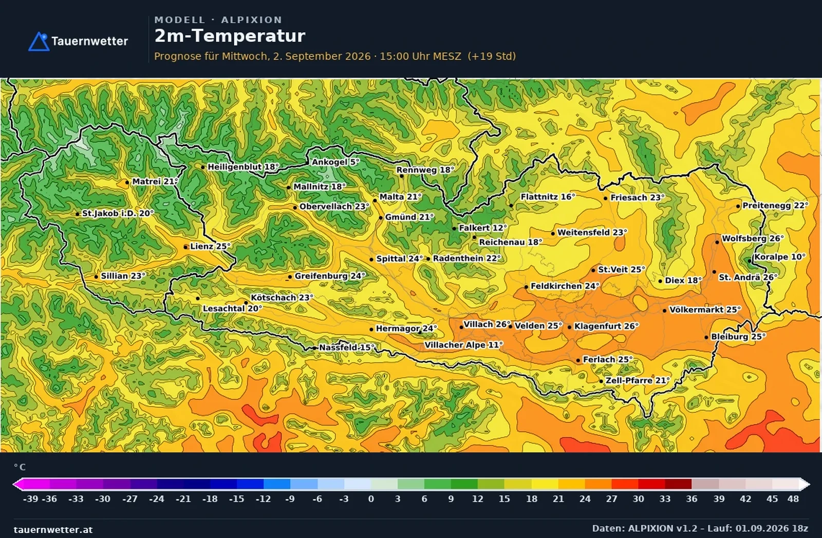 Die vom ALPIXION-Modell berechneten Temperaturen in Kärnten und Osttirol am Mittwoch, dem 2. September 2026, um 15 Uhr.