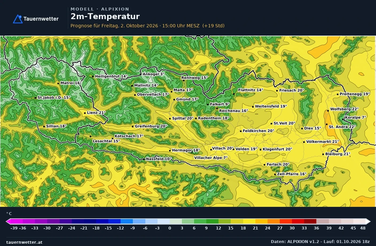 Die vom ALPIXION-Modell berechneten Temperaturen in Kärnten und Osttirol am Freitag, dem 2. Oktober 2026, um 15 Uhr.