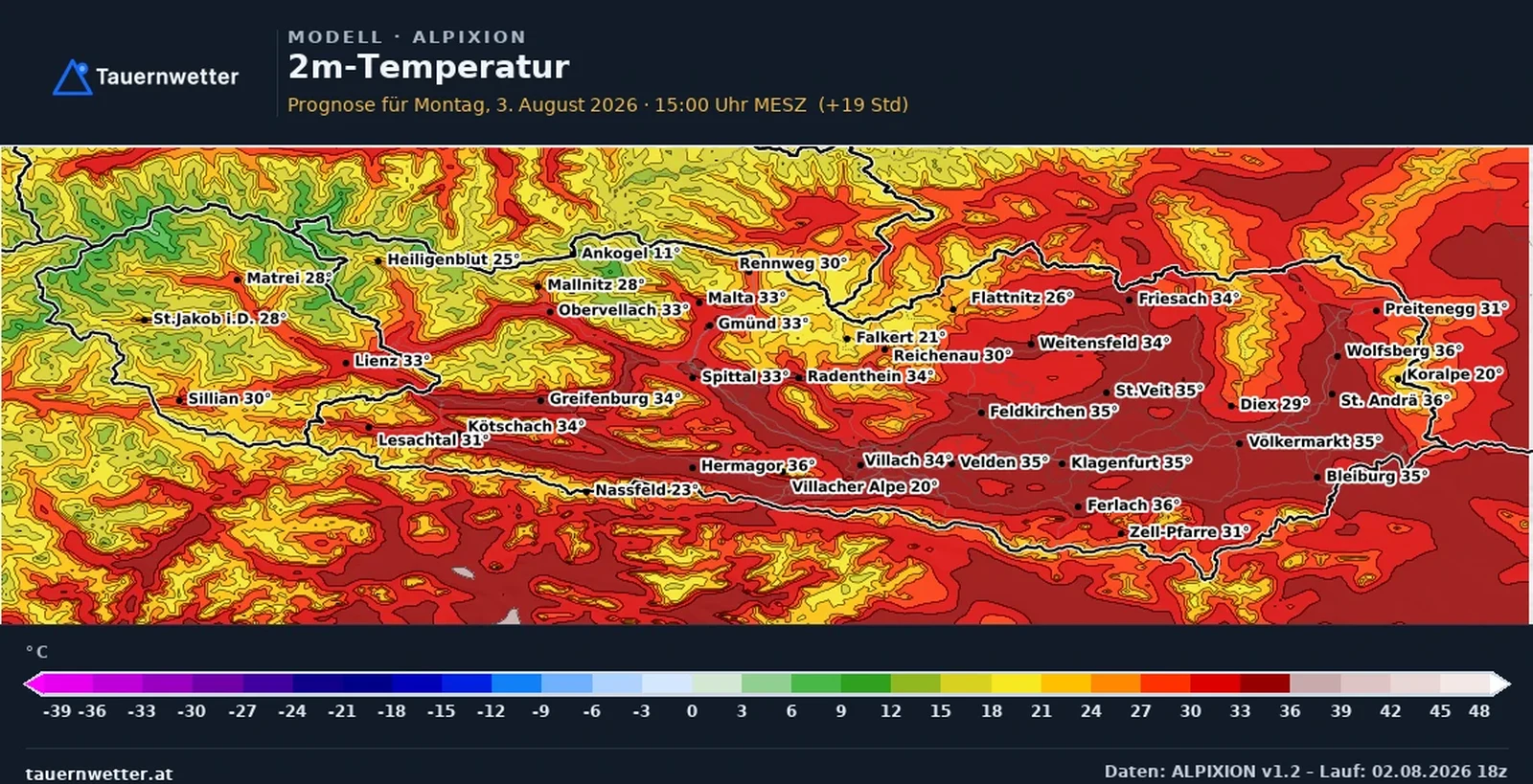 Die vom ALPIXION-Modell berechneten Temperaturen in Kärnten und Osttirol am Montag, dem 3. August 2026, um 15 Uhr.