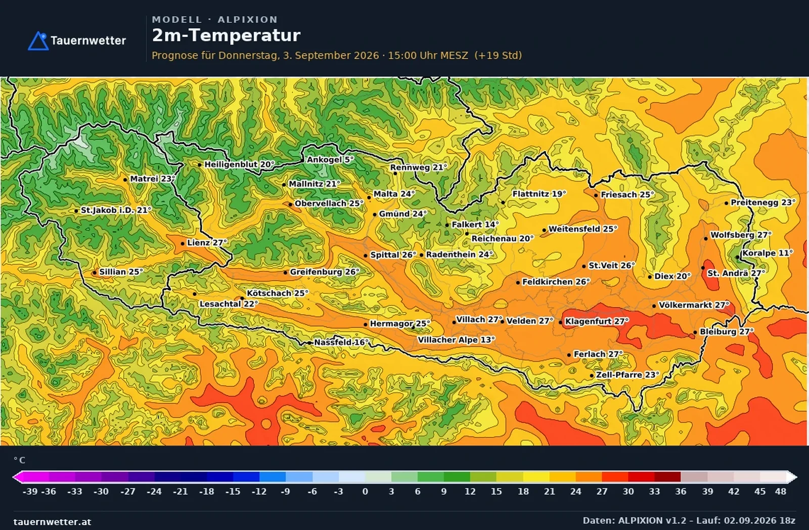 Die vom ALPIXION-Modell berechneten Temperaturen in Kärnten und Osttirol am Donnerstag, dem 3. September 2026, um 15 Uhr.