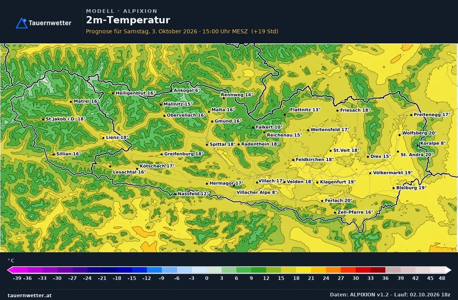 Die vom ALPIXION-Modell berechneten Temperaturen in Kärnten und Osttirol am Samstag, dem 3. Oktober 2026, um 15 Uhr.