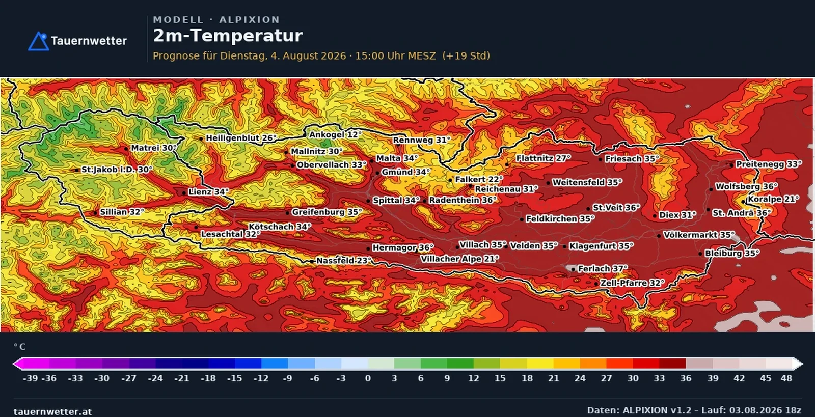 Die vom ALPIXION-Modell berechneten Temperaturen in Kärnten und Osttirol am Dienstag, dem 4. August 2026, um 15 Uhr.