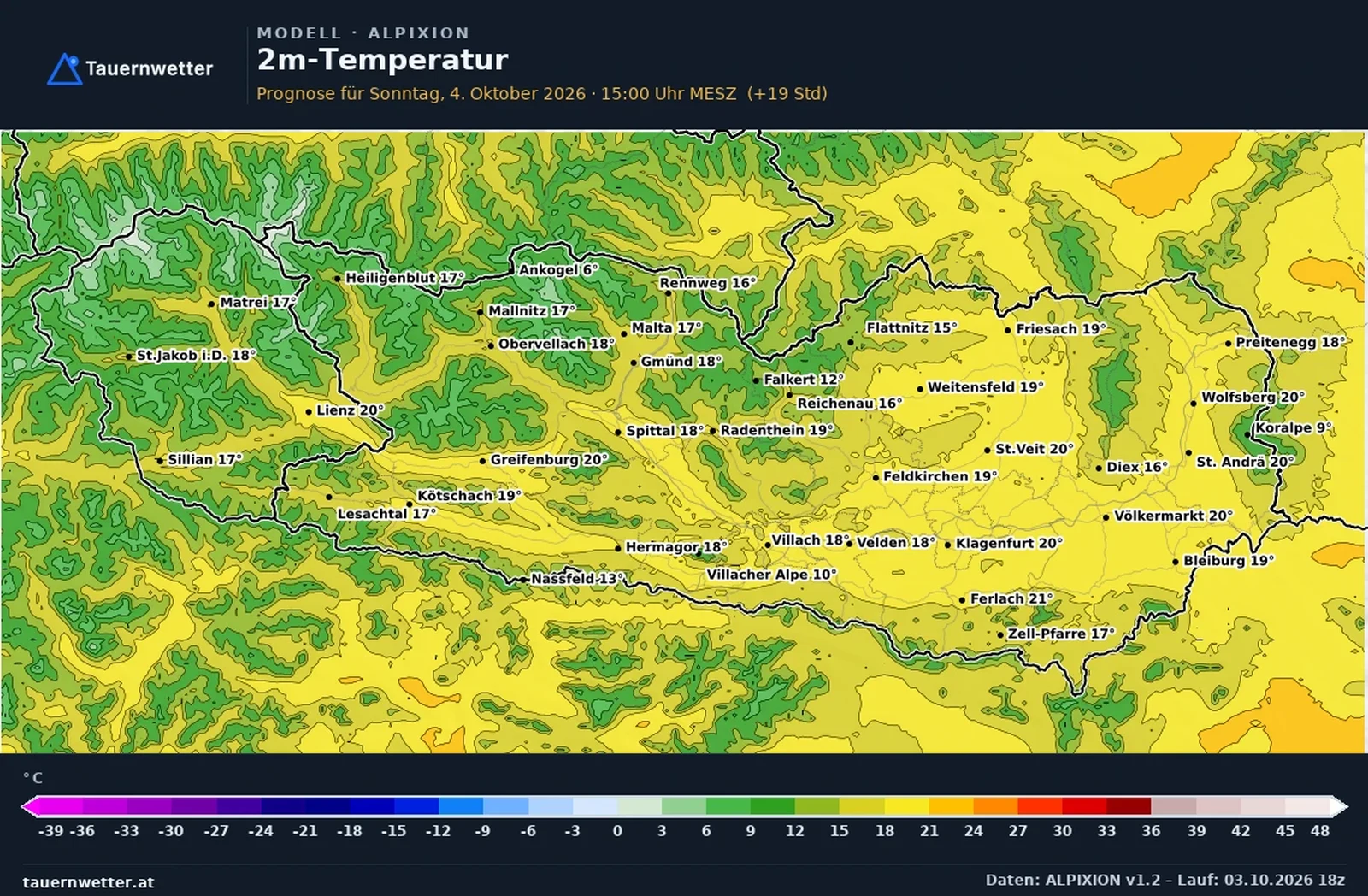 Die vom ALPIXION-Modell berechneten Temperaturen in Kärnten und Osttirol am Sonntag, dem 4. Oktober 2026, um 15 Uhr.