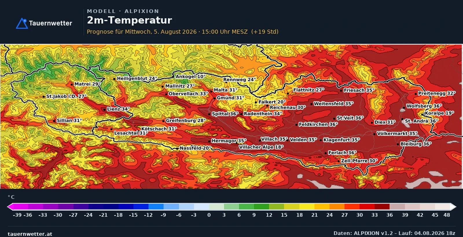 Die vom ALPIXION-Modell berechneten Temperaturen in Kärnten und Osttirol am Mittwoch, dem 5. August 2026, um 15 Uhr.