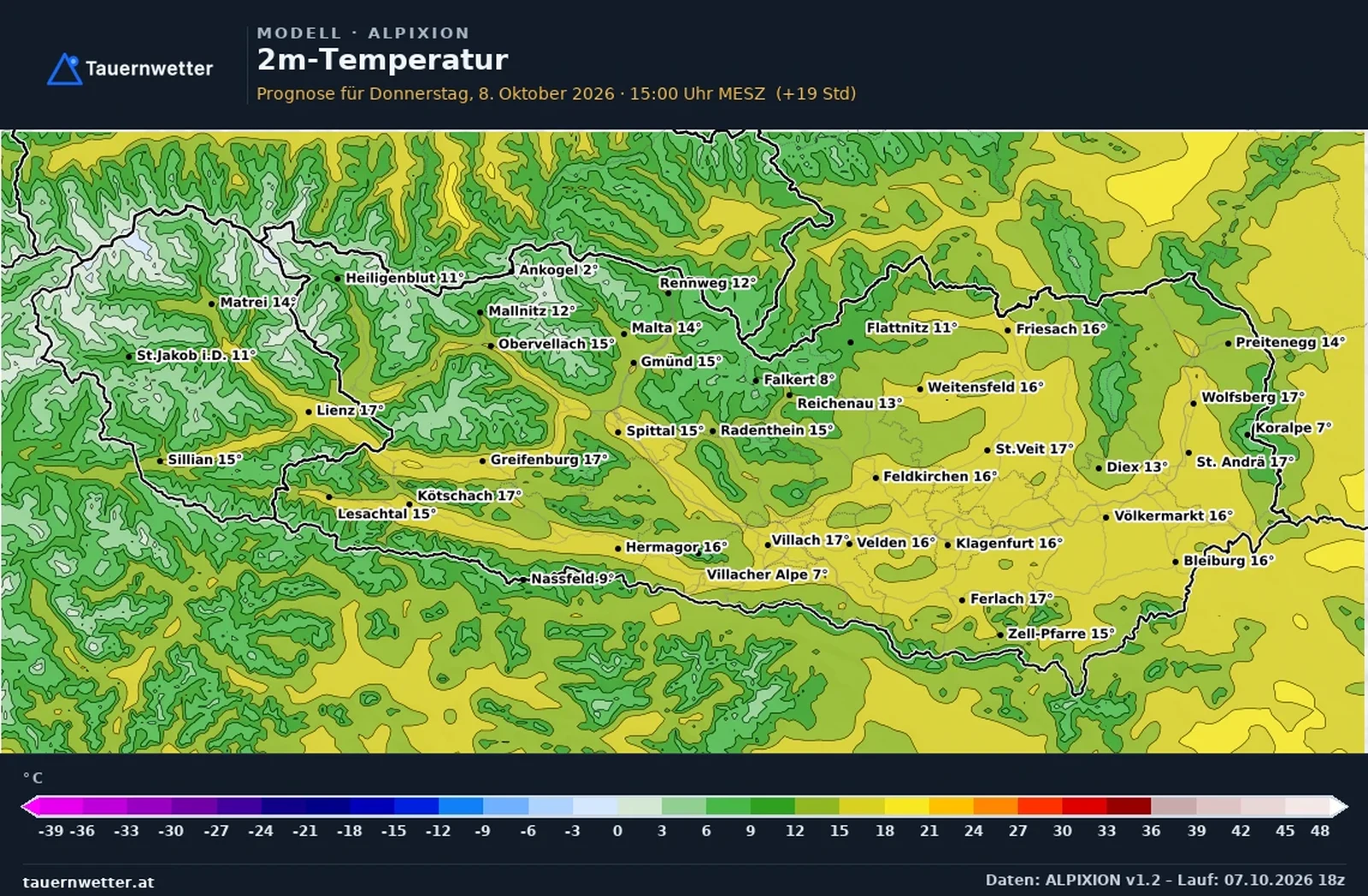 Die vom ALPIXION-Modell berechneten Temperaturen in Kärnten und Osttirol am Donnerstag, dem 8. Oktober 2026, um 15 Uhr.