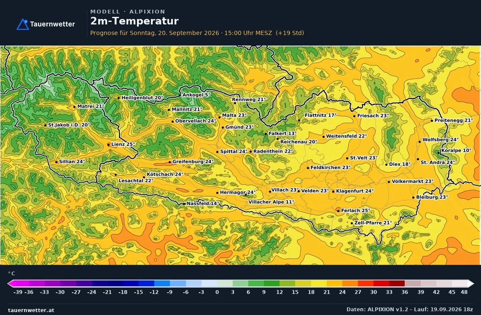 Die vom ALPIXION-Modell berechneten Temperaturen in Kärnten und Osttirol am Sonntag, dem 20. September 2026, um 15 Uhr.