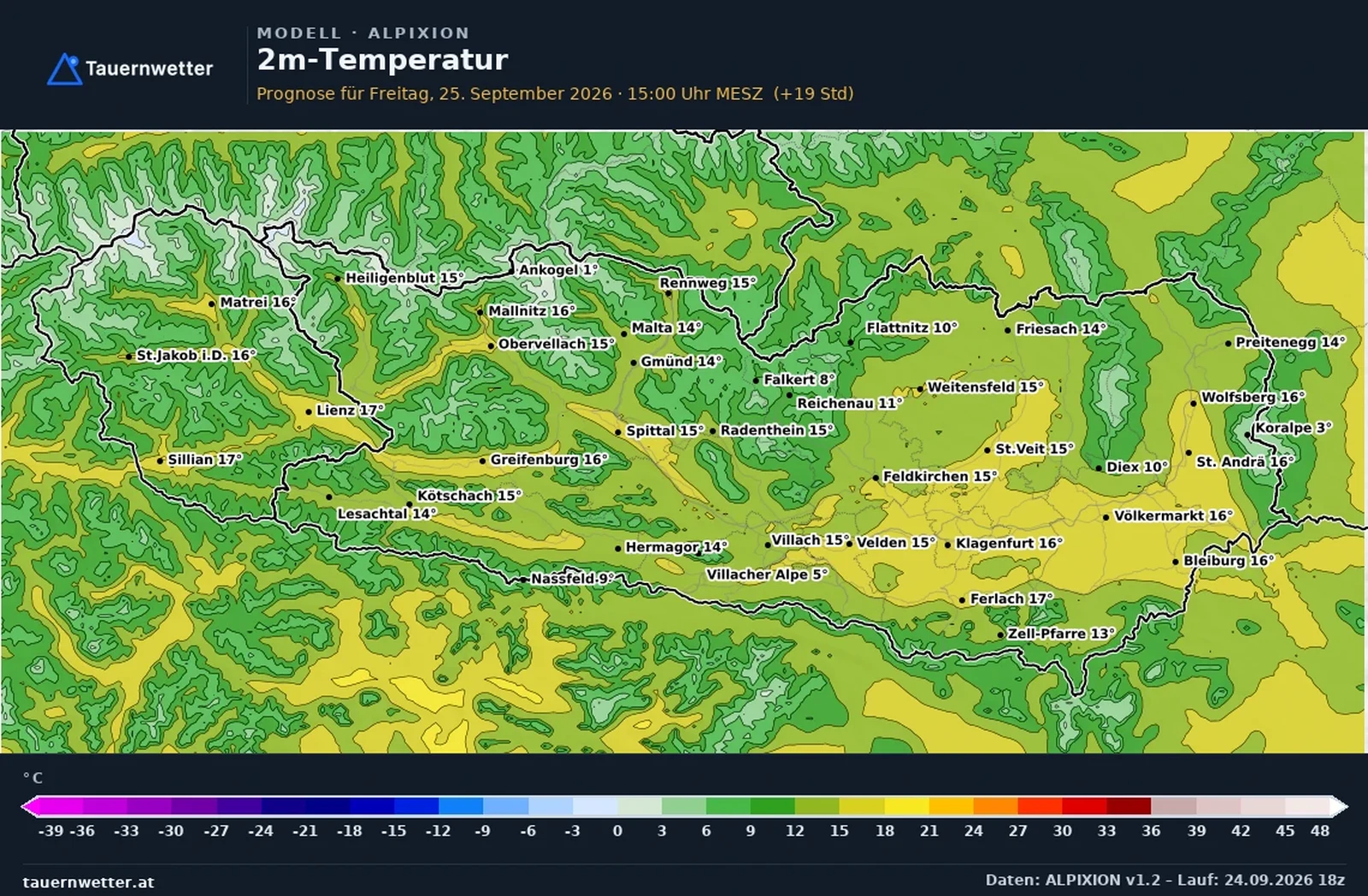 Die vom ALPIXION-Modell berechneten Temperaturen in Kärnten und Osttirol am Freitag, dem 25. September 2026, um 15 Uhr.