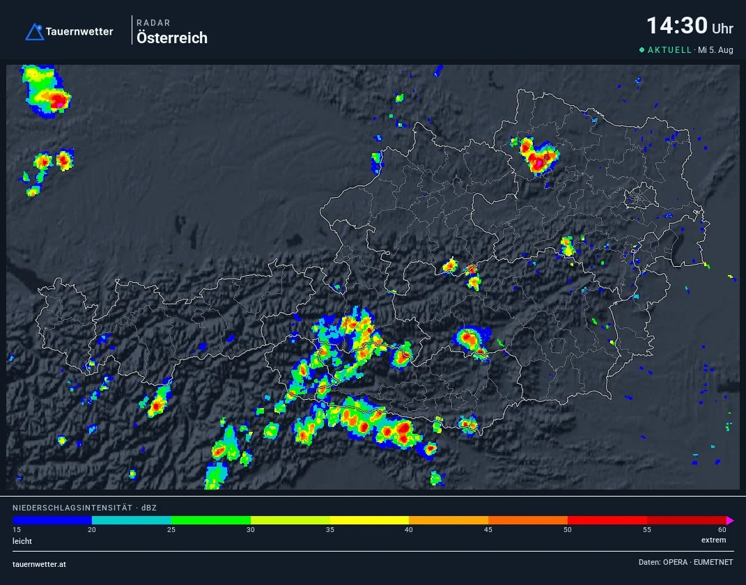 Wetterradar Österreich am Mittwoch, den 5. August 2026 um 14:40 Uhr mit einem heftigen Gewitter im Waldviertel.