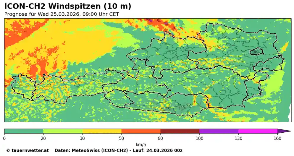 ICON-CH2 Animation der Windspitzen in 10 Meter Höhe von Mittwoch bis Sonntag – markanter Anstieg der Windgeschwindigkeiten ab Donnerstag entlang des Alpenhauptkammes