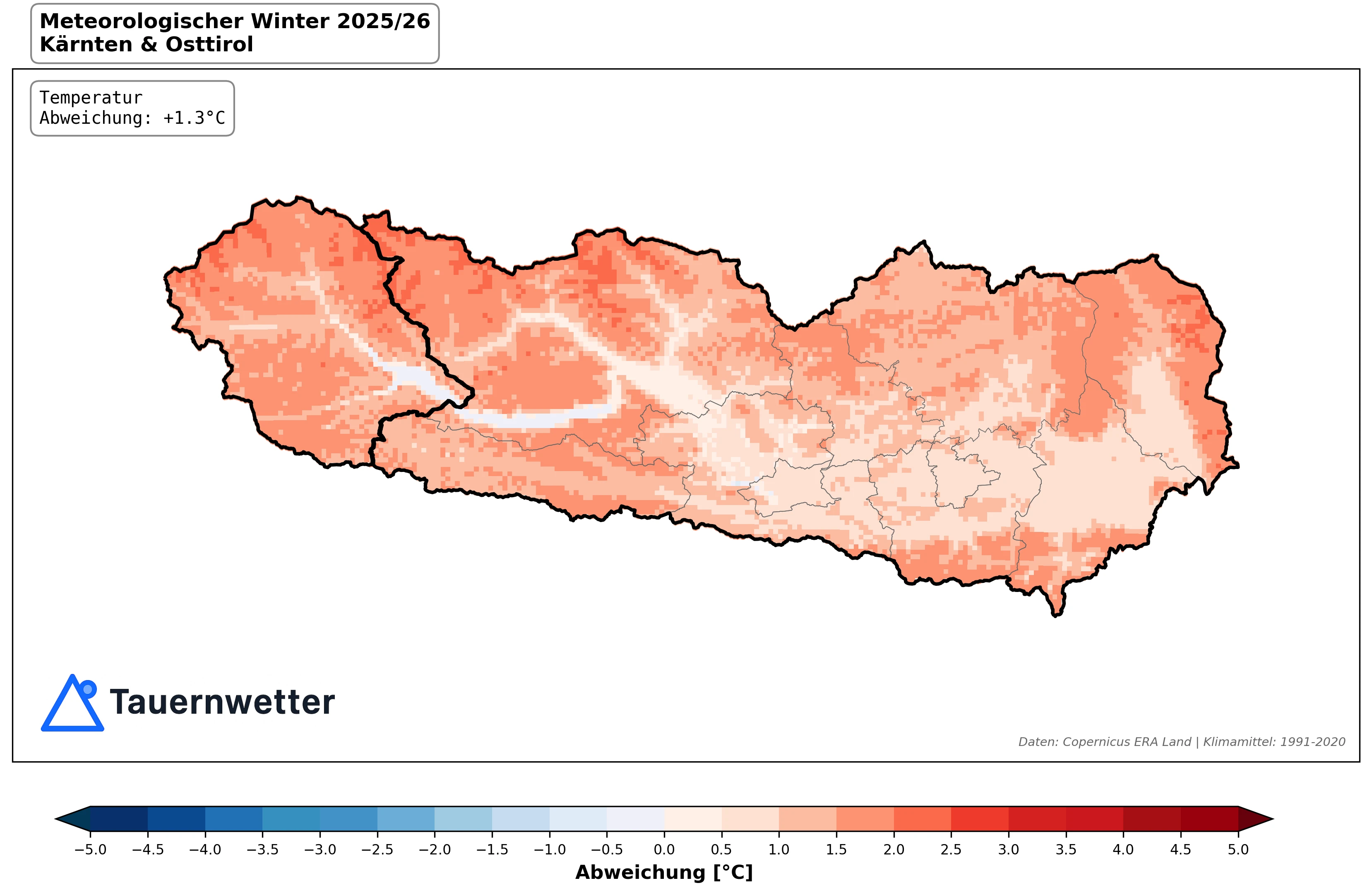 Temperaturabweichung meteorologischer Winter 2025/26 Kärnten und Osttirol – plus 1,3 Grad über dem Klimamittel