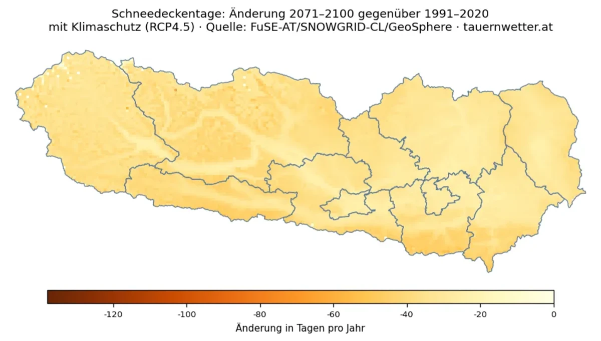Vergleichskarte des Rückgangs der Schneedeckentage in Kärnten und Osttirol für 2071 bis 2100 im Szenario mit wirksamem Klimaschutz