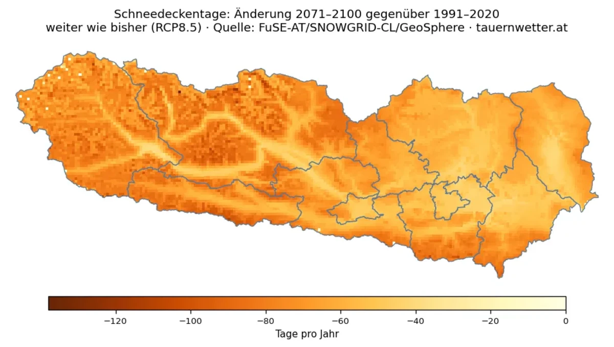 Zukunftskarte des Rückgangs der Schneedeckentage in Kärnten und Osttirol für 2071 bis 2100