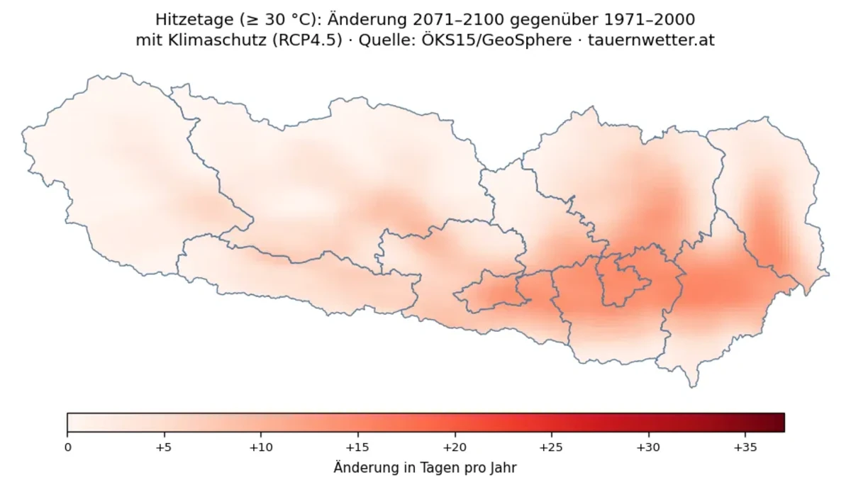 Vergleichskarte der zusätzlichen Hitzetage in Kärnten und Osttirol für 2071 bis 2100 im Szenario mit wirksamem Klimaschutz