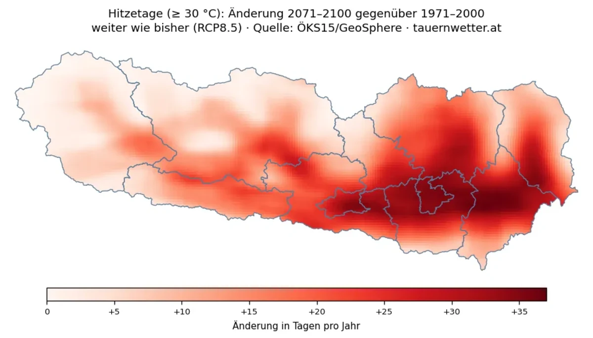 Zukunftskarte der zusätzlichen Hitzetage in Kärnten und Osttirol für 2071 bis 2100
