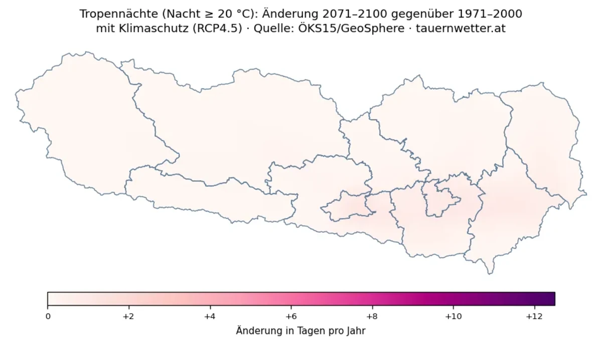 Vergleichskarte der zusätzlichen Tropennächte in Kärnten und Osttirol für 2071 bis 2100 im Szenario mit wirksamem Klimaschutz