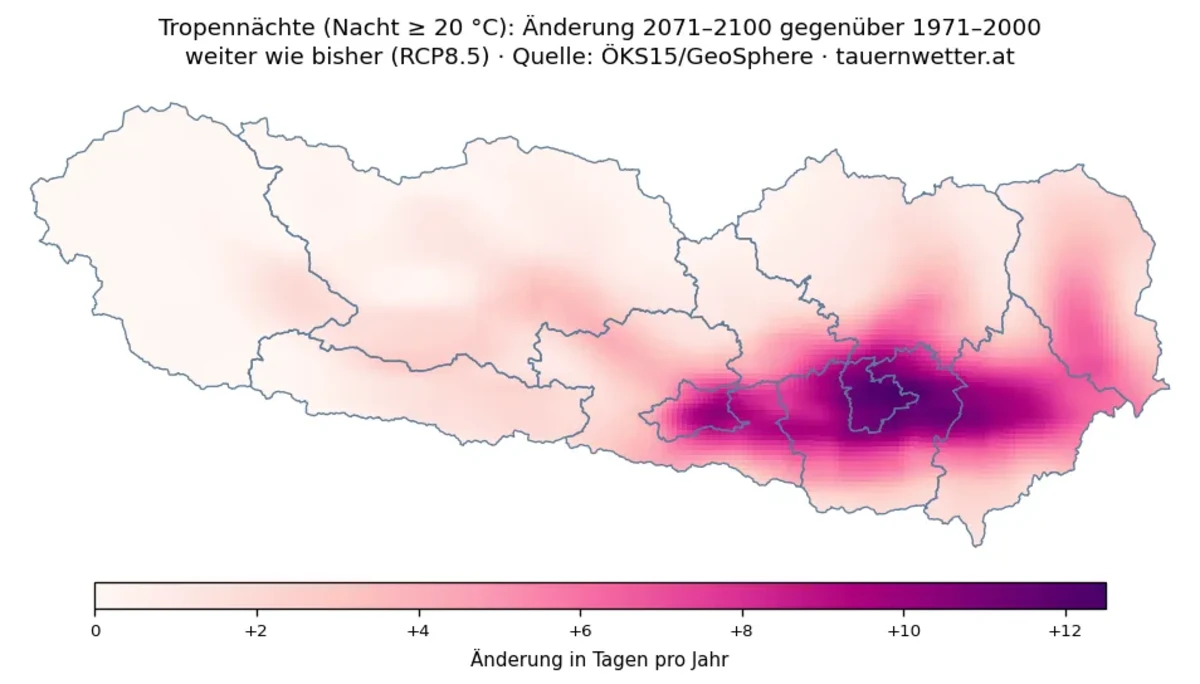 Zukunftskarte der zusätzlichen Tropennächte in Kärnten und Osttirol für 2071 bis 2100