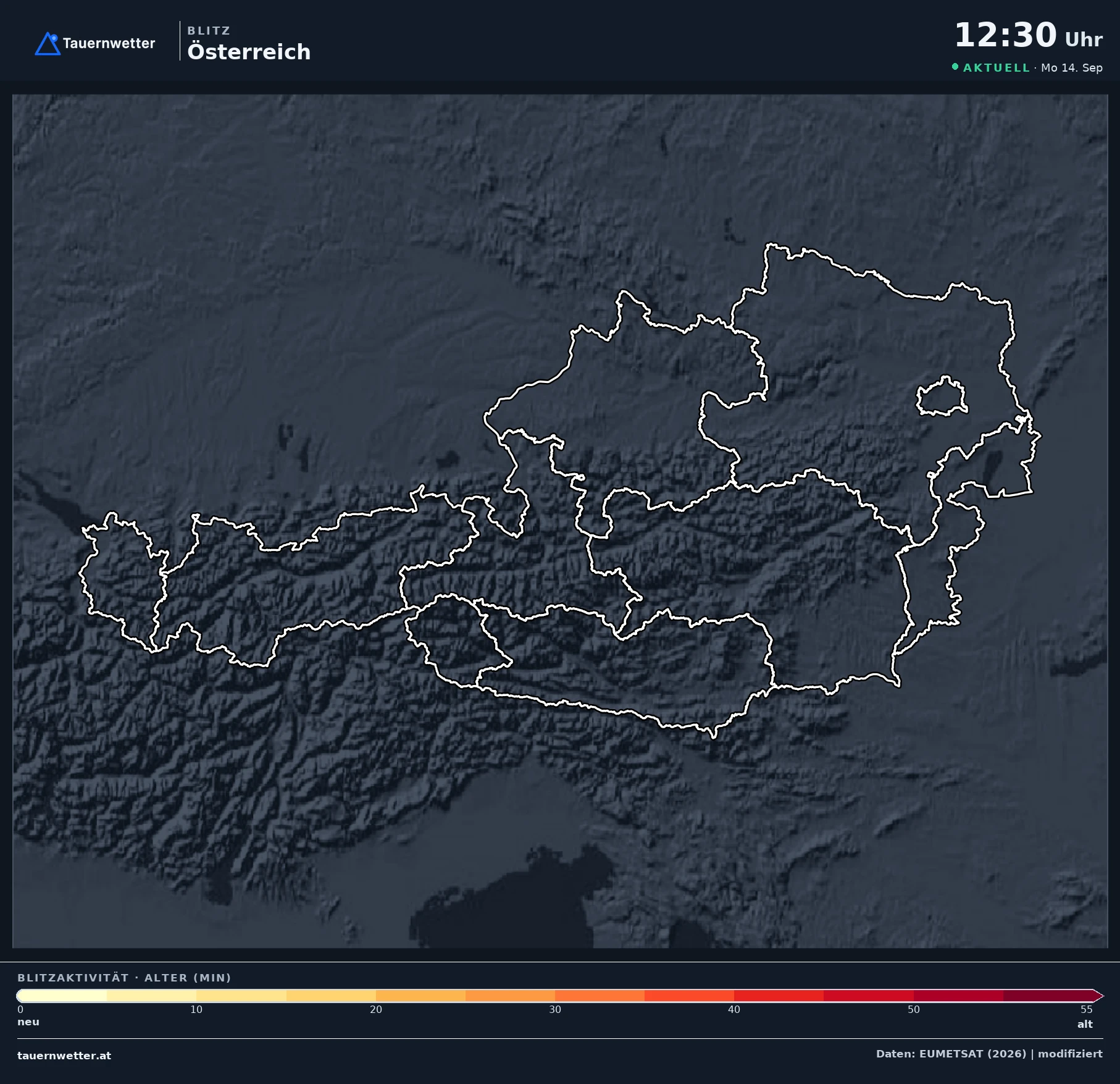 Blitzortung Österreich: Blitze der letzten Minuten aus dem Meteosat Lightning Imager, Bild von 11:52 Uhr