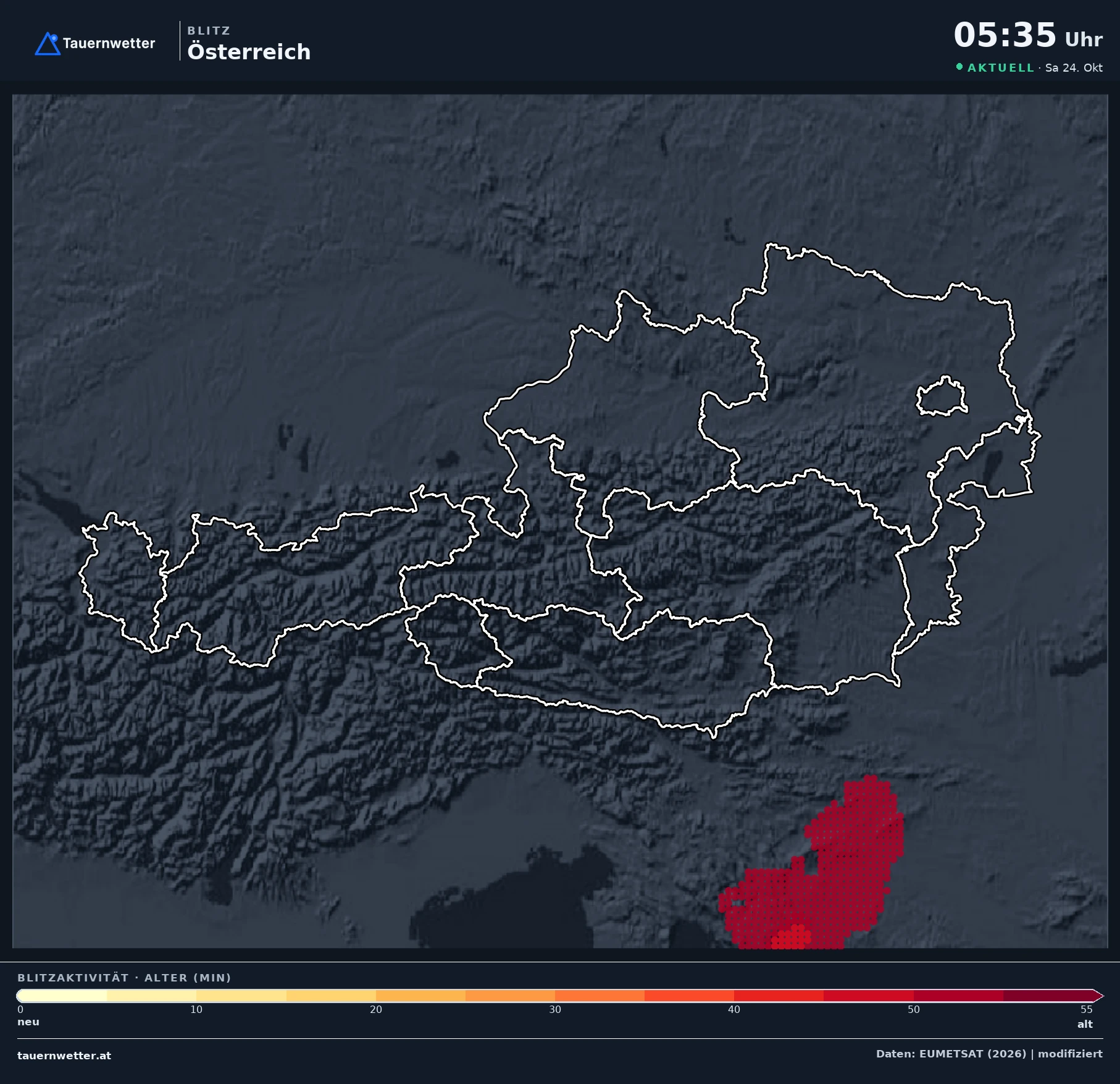 Blitzortung Österreich: Blitze der letzten Minuten aus dem Meteosat Lightning Imager, Bild von 10:05 Uhr