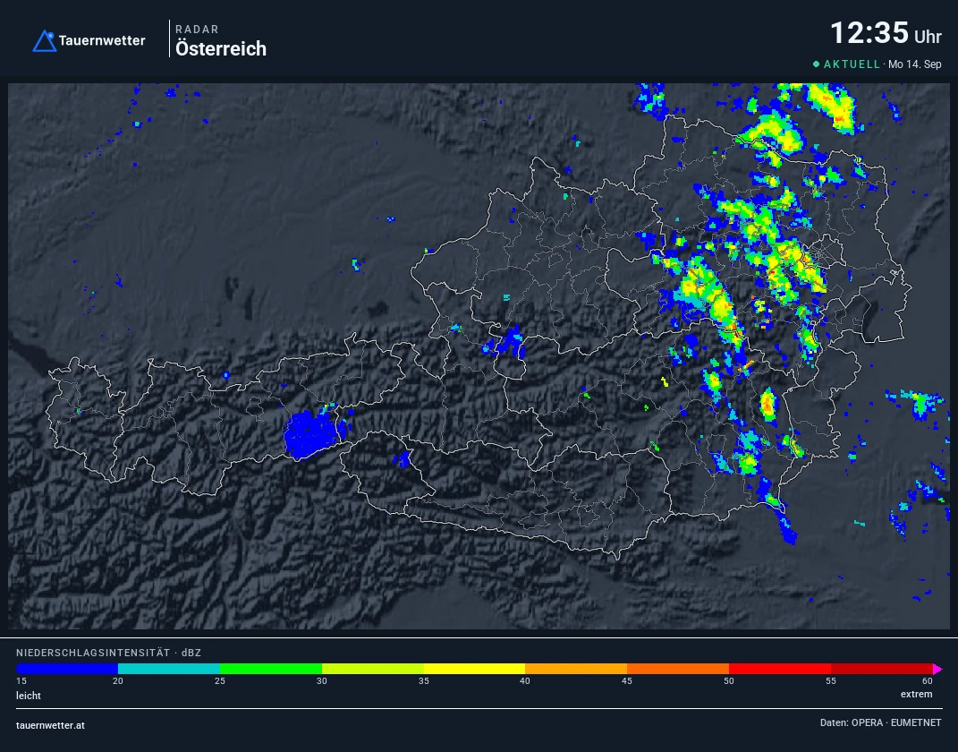 Wetterradar Österreich, St. Georgen am Längsee rot markiert