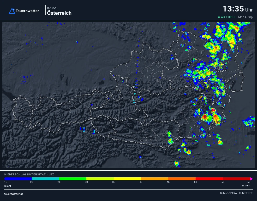 Regenradar Steiermark: Niederschlag der letzten 5 Minuten, Ausschnitt Steiermark und Umgebung