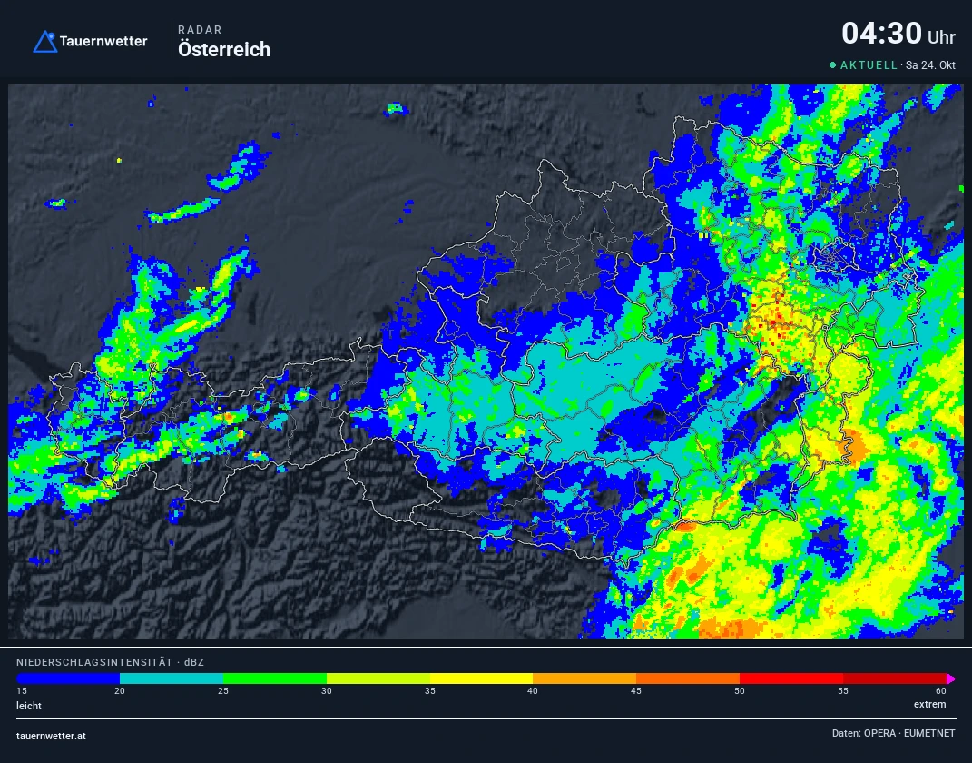 Regenradar Steiermark: Niederschlag der letzten 5 Minuten, Ausschnitt Steiermark und Umgebung