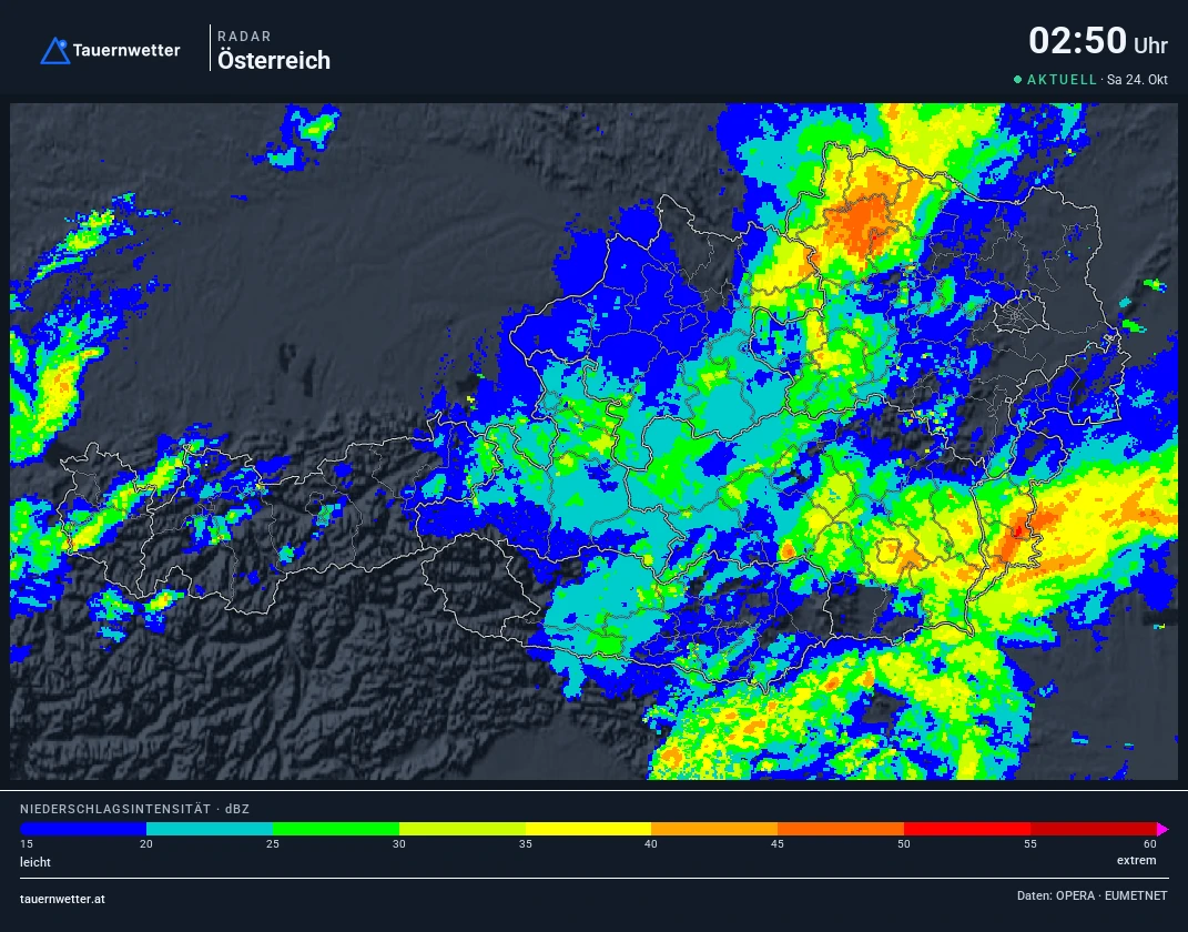 Wetterradar Österreich, Schrems rot markiert