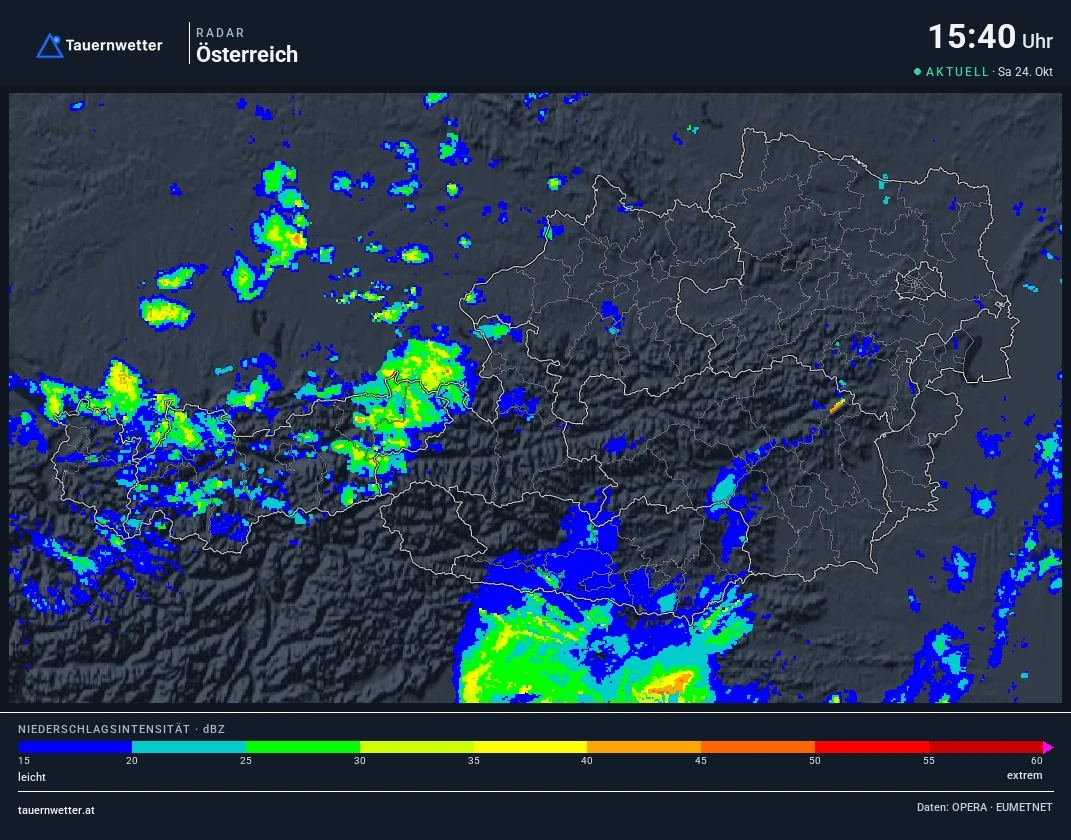 Wetterradar Österreich, Pabneukirchen rot markiert