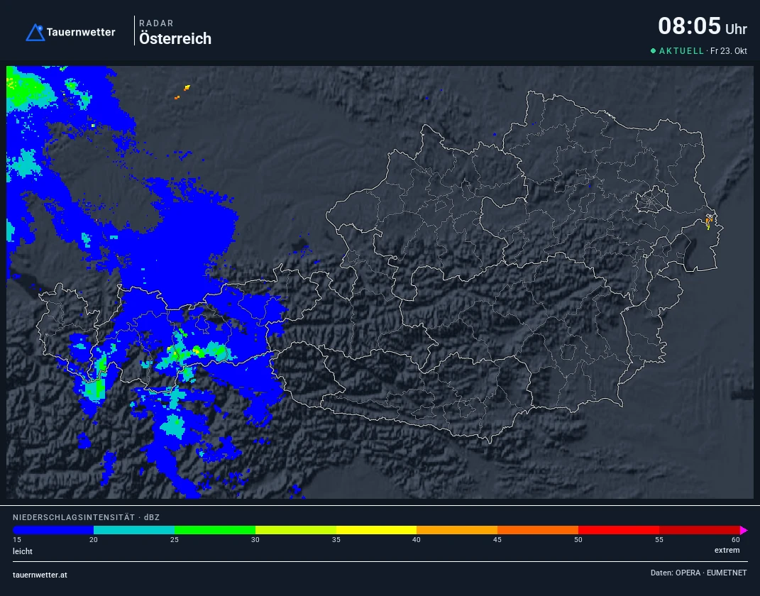 Wetterradar Österreich, Villach rot markiert
