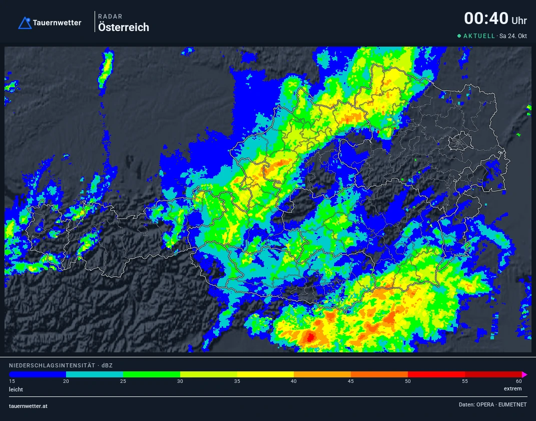 Wetterradar Österreich, Bockfließ rot markiert