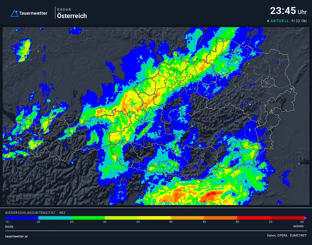 Wetterradar Österreich, Gries im Sellrain rot markiert