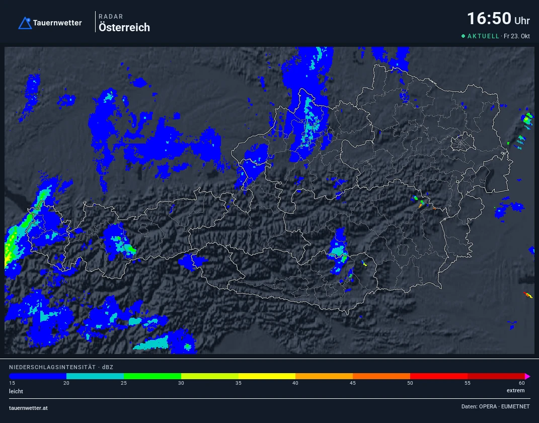Wetterradar Österreich, Rennweg am Katschberg rot markiert