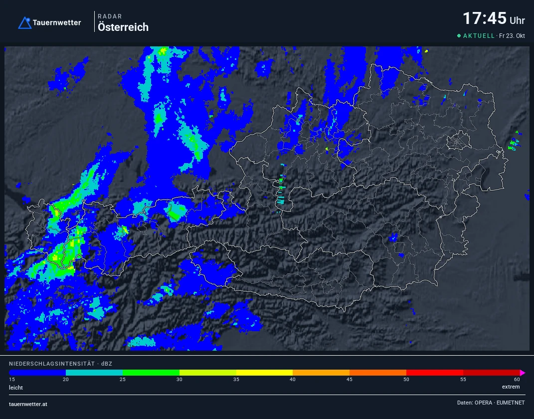 Regenradar Vorarlberg: Niederschlag der letzten 5 Minuten, Ausschnitt Vorarlberg und Umgebung