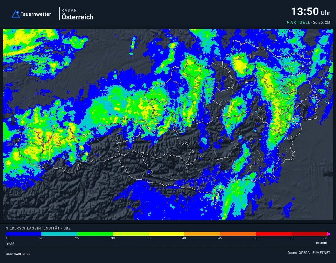Regenradar Niederösterreich: Niederschlag der letzten 5 Minuten, Ausschnitt Niederösterreich und Umgebung