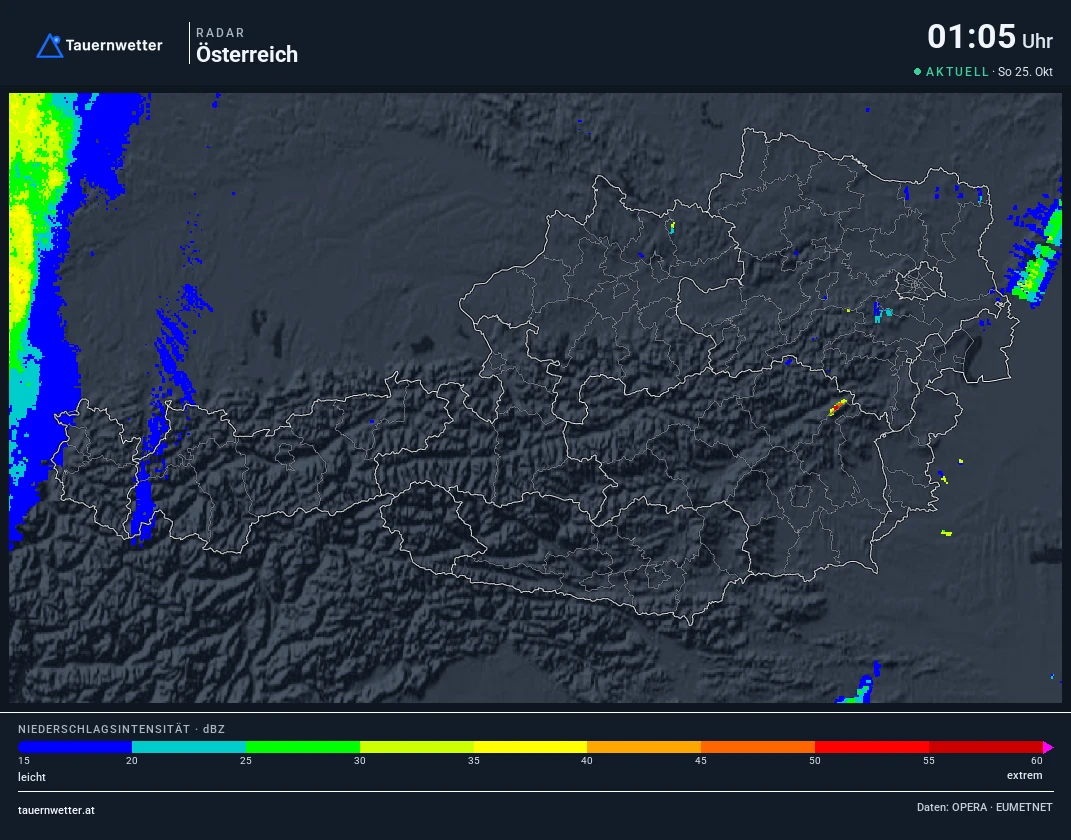 Regenradar Tirol: Niederschlag der letzten 5 Minuten, Ausschnitt Tirol und Umgebung