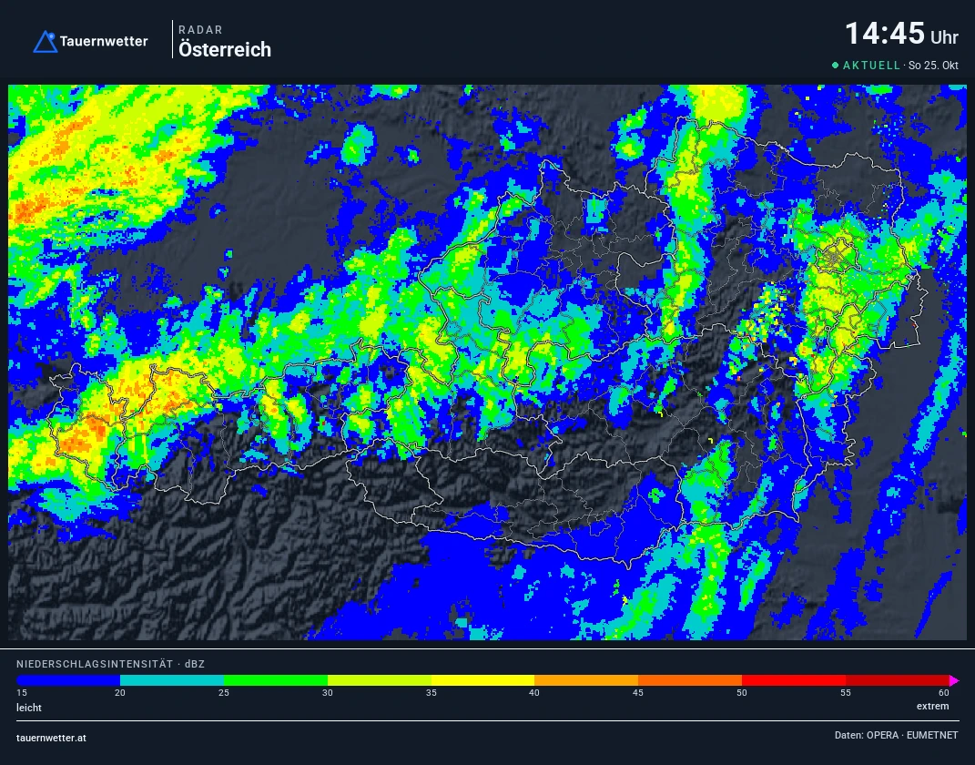Regenradar Wien: Niederschlag der letzten 5 Minuten, Ausschnitt Wien und Umgebung