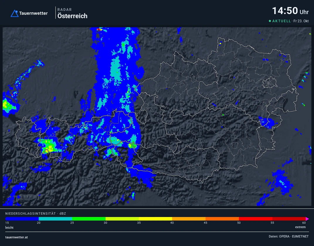 Regenradar Burgenland: Niederschlag der letzten 5 Minuten, Ausschnitt Burgenland und Umgebung