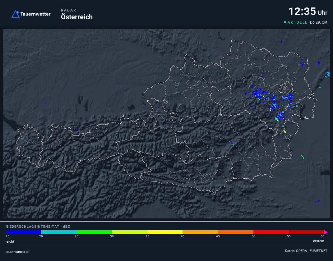 Regenradar Wien: Niederschlag der letzten 5 Minuten, Ausschnitt Wien und Umgebung
