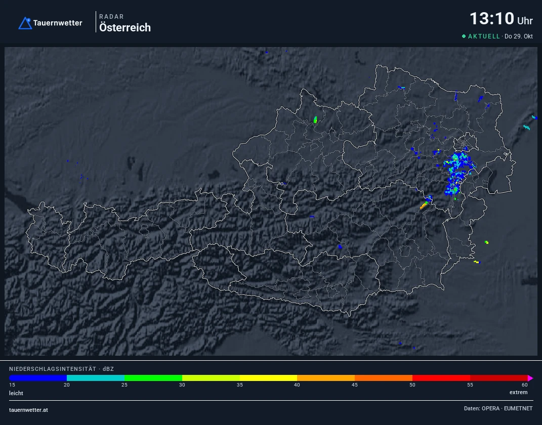 Regenradar Oberösterreich: Niederschlag der letzten 5 Minuten, Ausschnitt Oberösterreich und Umgebung