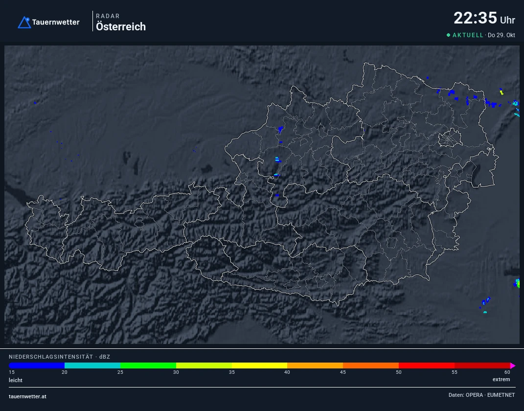 Regenradar Steiermark: Niederschlag der letzten 5 Minuten, Ausschnitt Steiermark und Umgebung