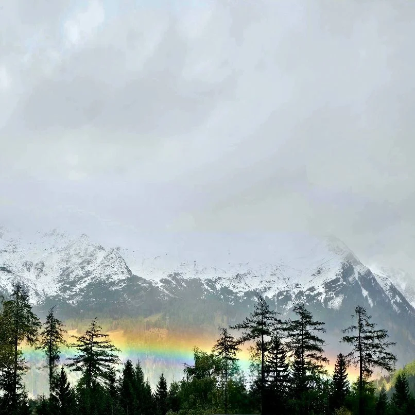 Blick aus dem Mallnitzer Tal auf den schneebedeckten Ankogel, davor ein Regenbogen über dem Bergwald.